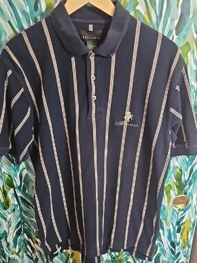 Vintage Izod Club Bellagio Navy Polo w White Stripes, Embroidered Logo - Size L